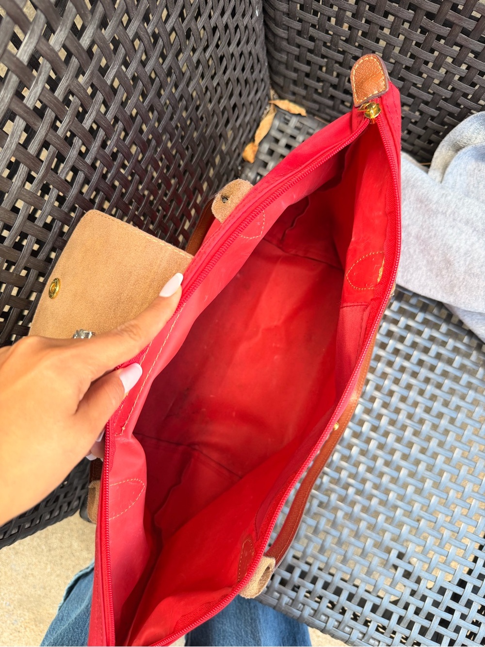 Longchamp Red Nylon Tote with Brown Leather Trim - Picture 7 of 8